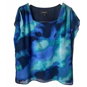 90s Blouse Blue Green Cap Sleeve Top  Square Neck 12 Chiffon Aesthetic Vibrant